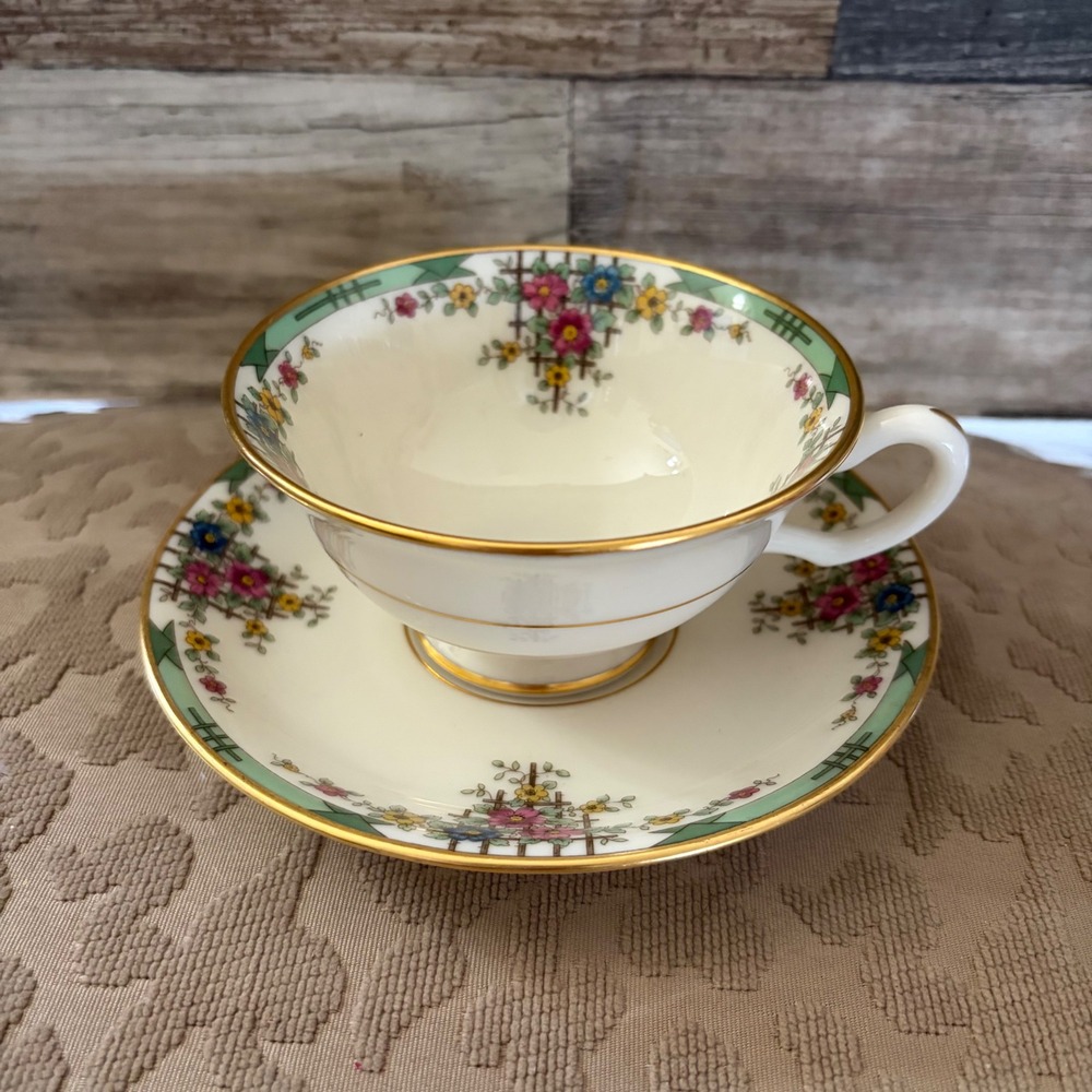 Lenox Perle Teacup and Saucer Set Ivory Bone China Floral Trellis Gold Trim USA